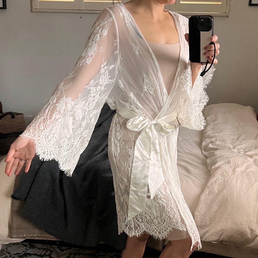 Show Me Your Mumu Ivory Lace Sheer Robe with Satin Tie